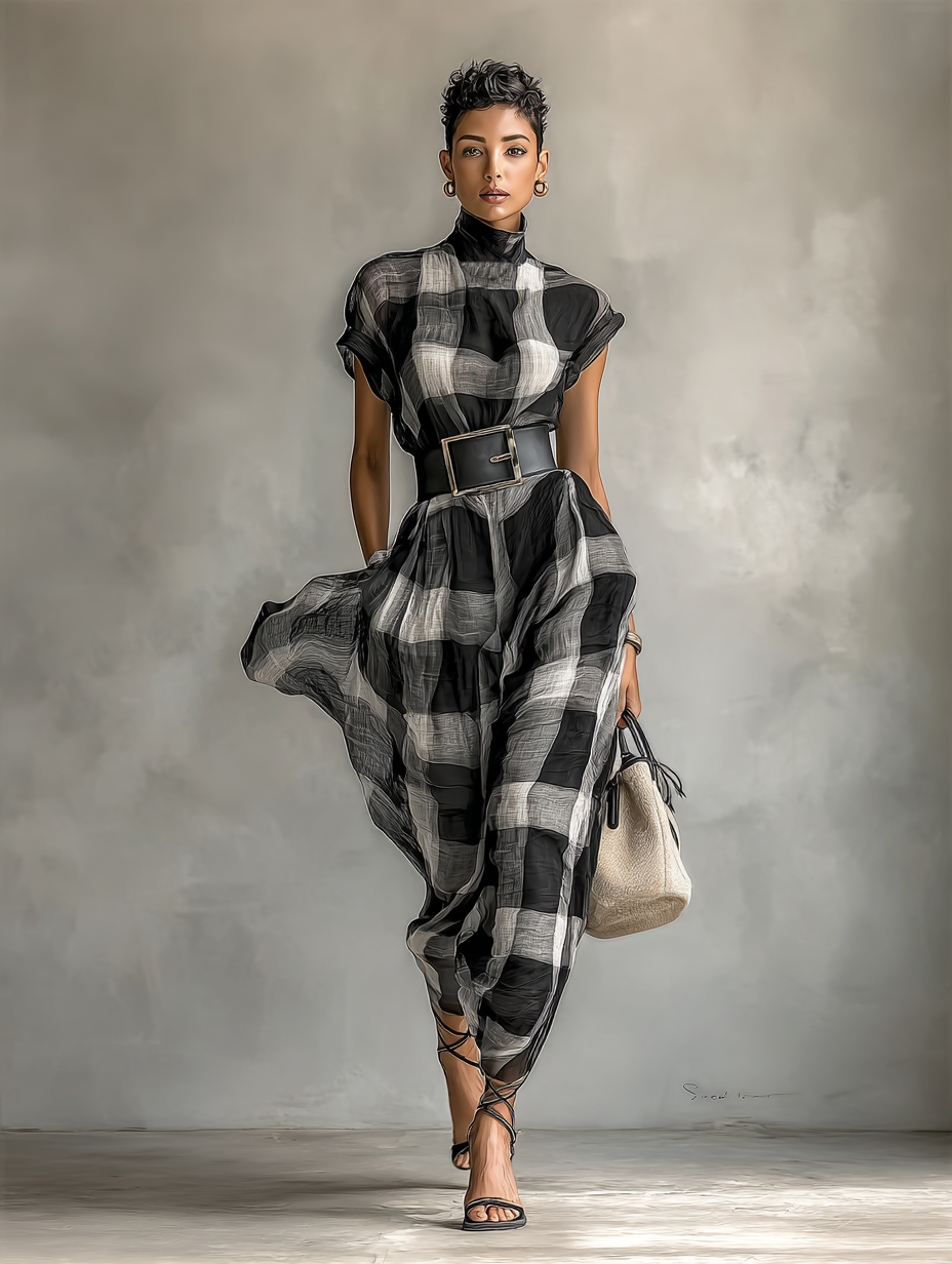Maxi Dress in Checked Chiffon with High Neck and Short Sleeves