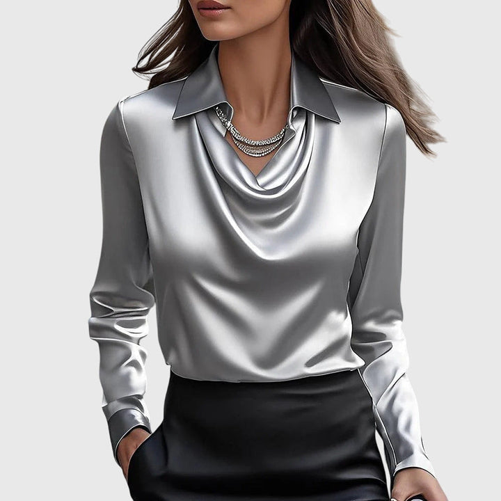 Sylvie | Blouse with a luxurious sheen and pleated neckline.