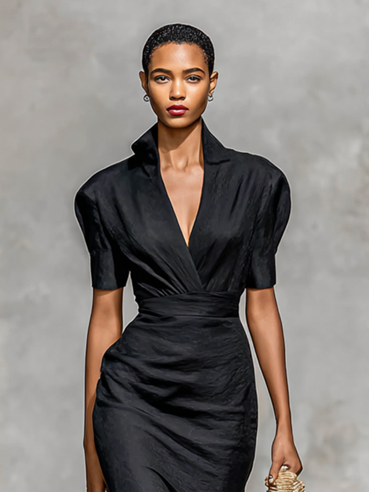 Plain Midi Dress for Women with V-Neck and Short Sleeves