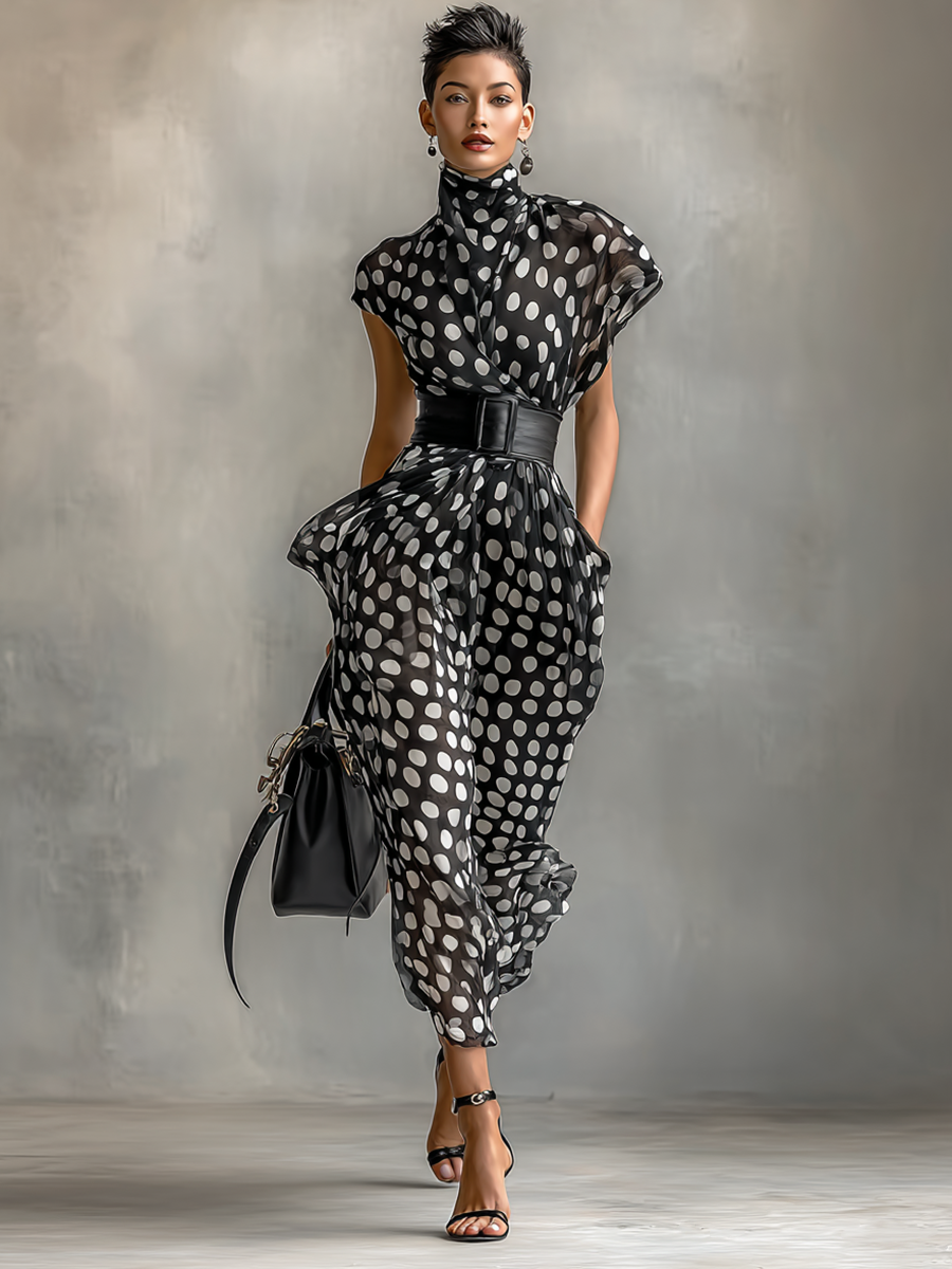 Maxi Dress in Chiffon with Polka Dot Print and High Neck