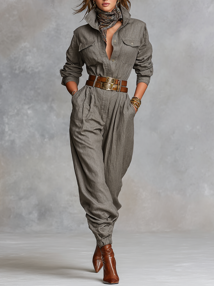Cotton and Linen Long Sleeve Shirt Jumpsuit