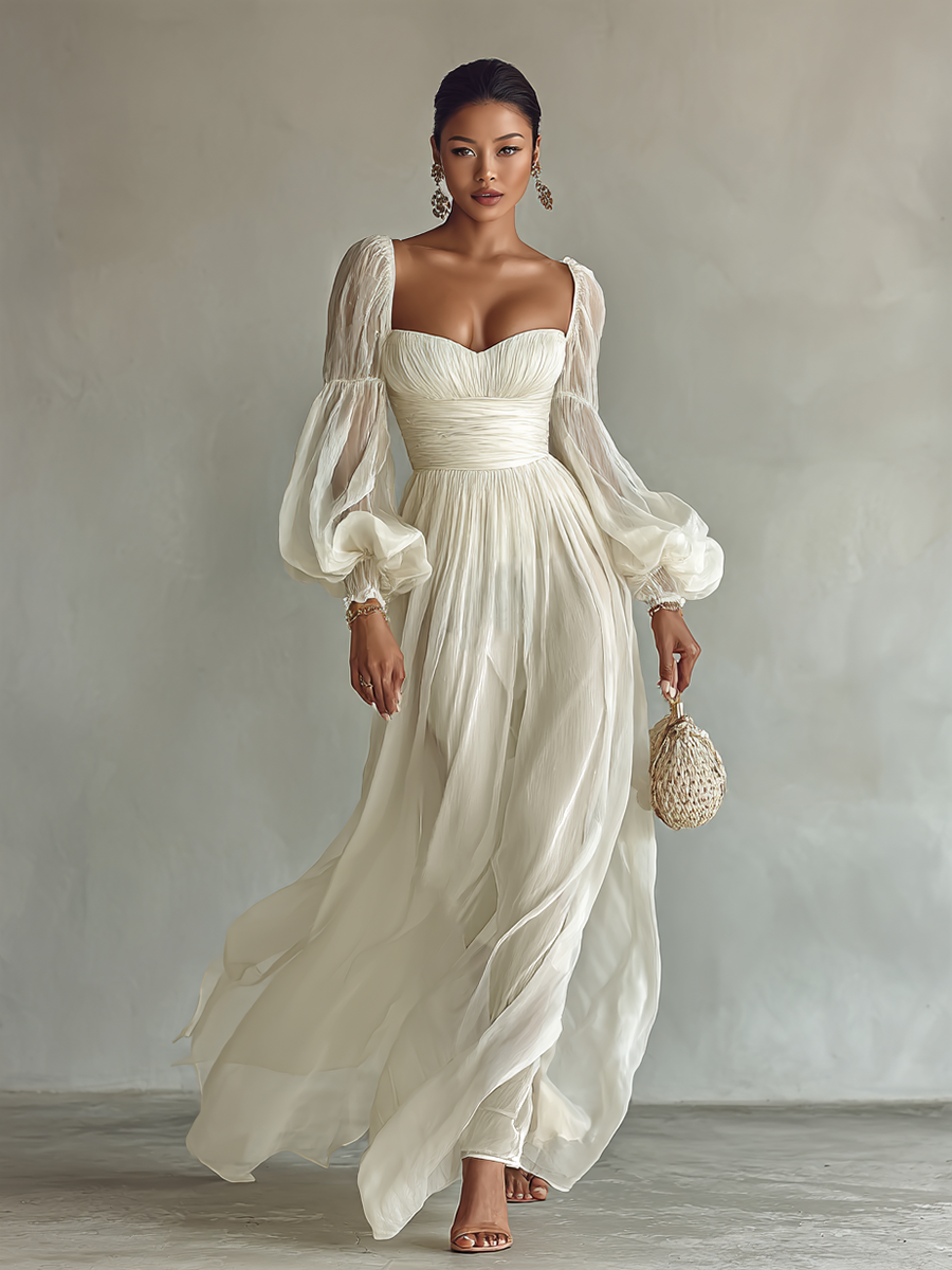 Chiffon Maxi Dress for Women with Square Neckline and Long Sleeves