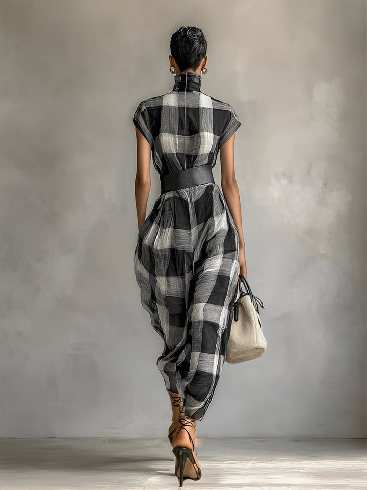 Maxi Dress in Checked Chiffon with High Neck and Short Sleeves