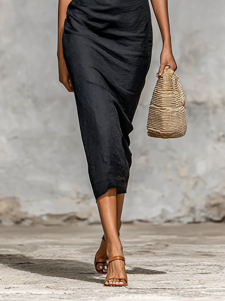 Plain Midi Dress for Women with V-Neck and Short Sleeves