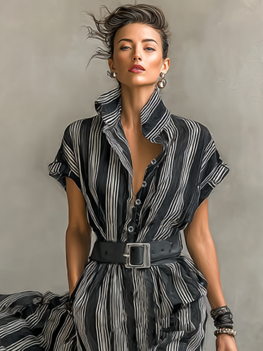 Maxi Chiffon Striped Dress with Collar and Short Sleeves for Women with Belt