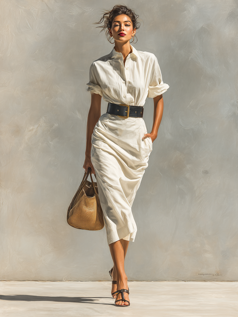 Ladies' Dress with Short Sleeves, Collar and Waistband