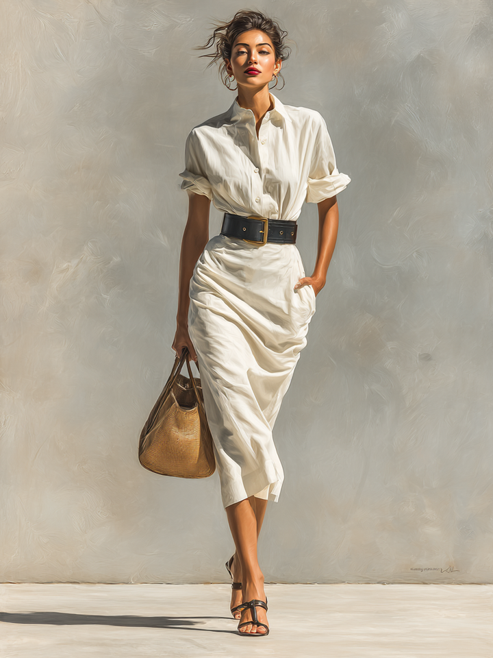 Ladies' Dress with Short Sleeves, Collar and Waistband
