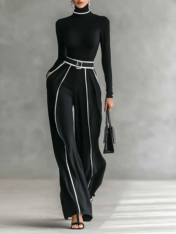 Two-piece ladies set with high neck top with long sleeves, wide trousers and belt