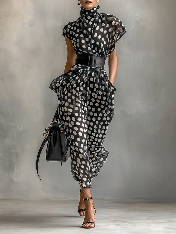 Maxi Dress in Chiffon with Polka Dot Print and High Neck