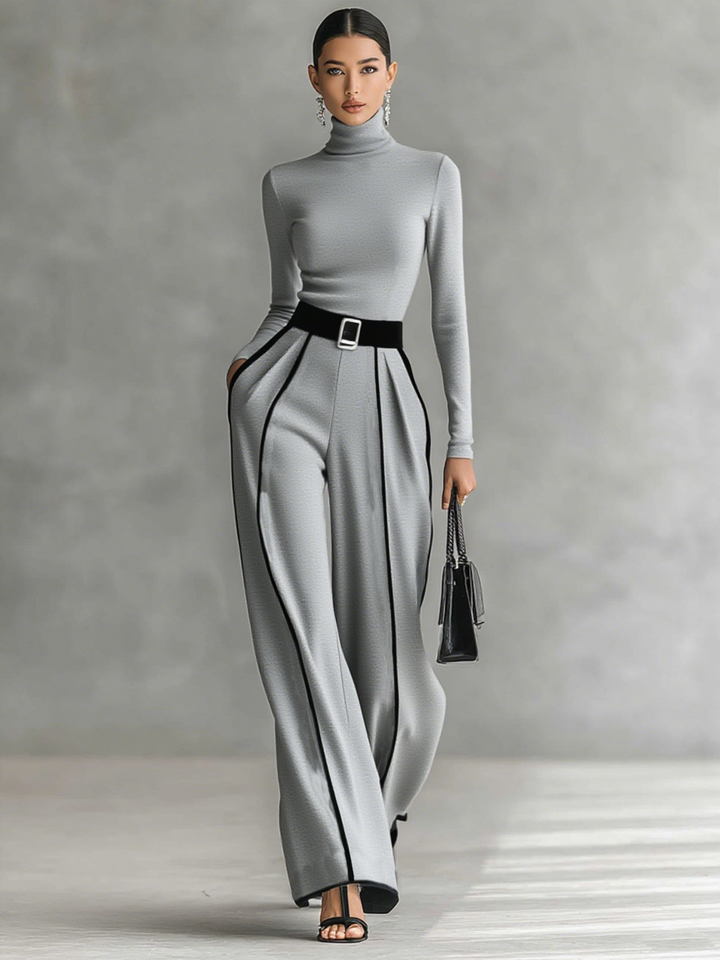 Two-piece ladies set with high neck top with long sleeves, wide trousers and belt