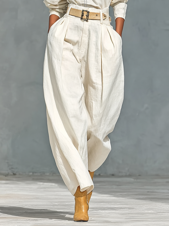 Long Sleeve Shirt and Wide Trousers Set in Cotton and Linen