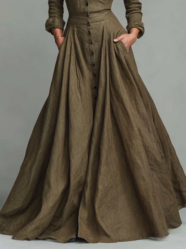 Maxi Vintage Dress in Cotton and Linen for Women with Shirt Design