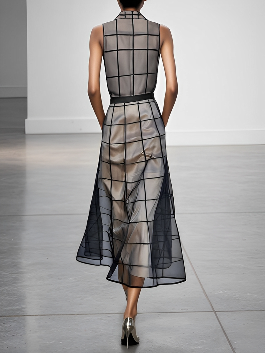 Maxi Dress Without Sleeves in Checked Tulle with Collar and Belt