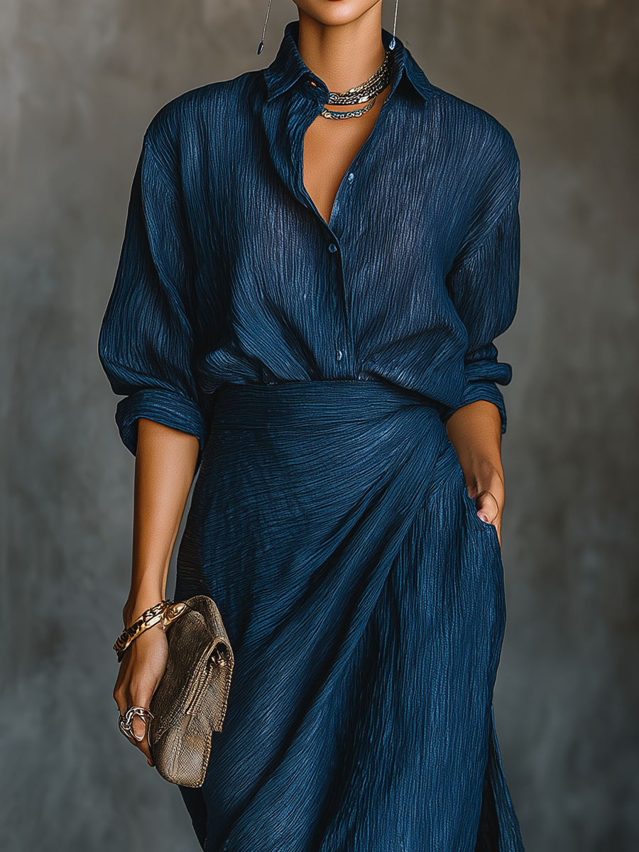 Set Long Skirt and Elegant Blouse in Cotton and Linen Dark Blue