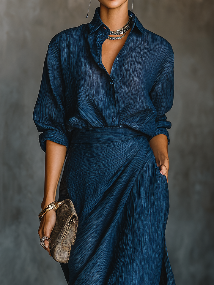 Set Long Skirt and Elegant Blouse in Cotton and Linen Dark Blue