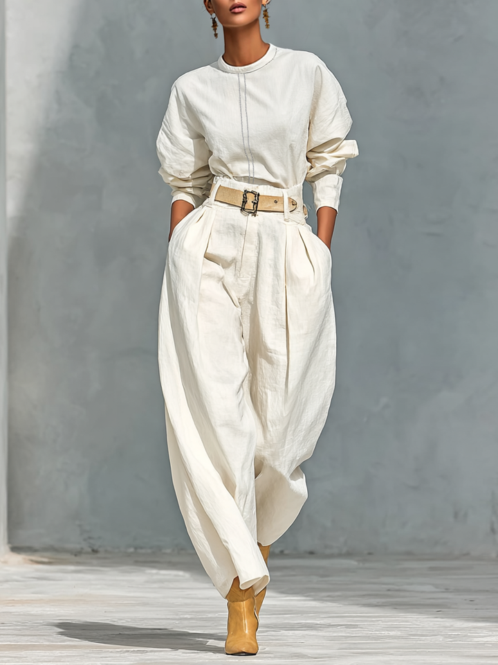 Long Sleeve Shirt and Wide Trousers Set in Cotton and Linen