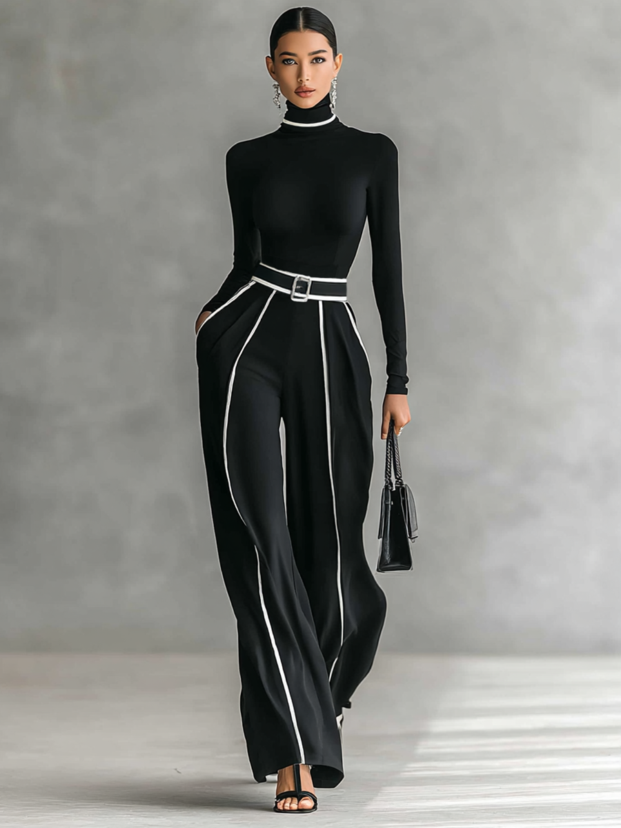 Two-piece ladies set with high neck top with long sleeves, wide trousers and belt