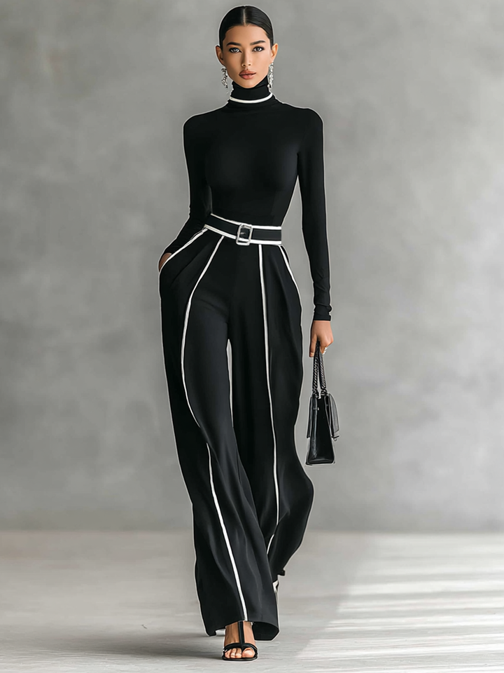 Two-piece ladies set with high neck top with long sleeves, wide trousers and belt