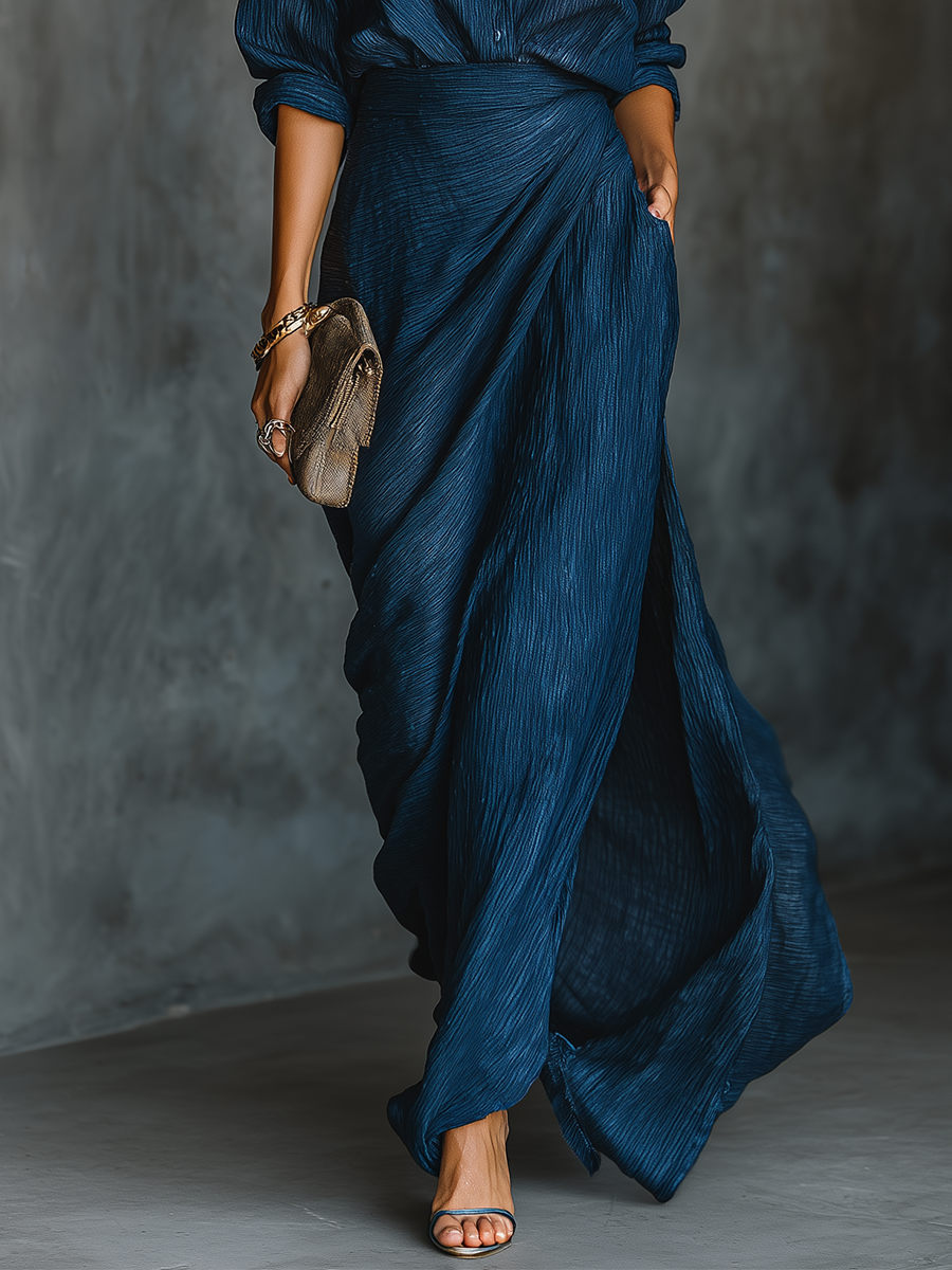 Set Long Skirt and Elegant Blouse in Cotton and Linen Dark Blue