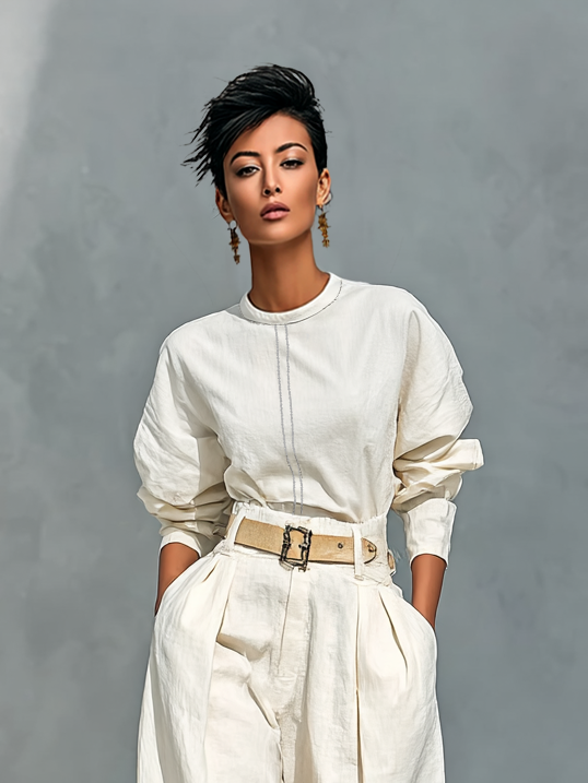 Long Sleeve Shirt and Wide Trousers Set in Cotton and Linen