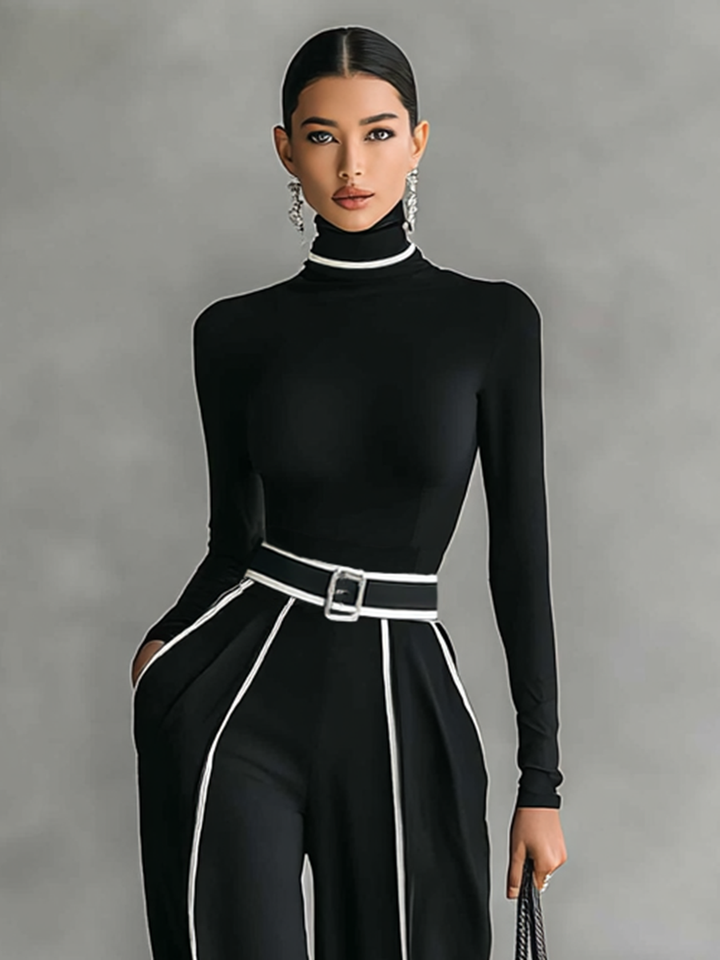 Two-piece ladies set with high neck top with long sleeves, wide trousers and belt