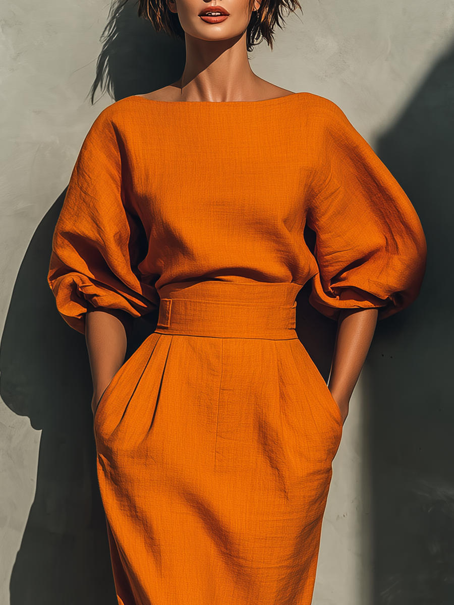 Vibrant Midi Skirt in Cotton-Linen Mix Orange