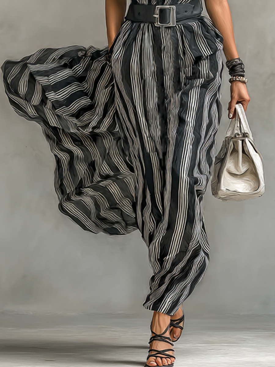 Maxi Chiffon Striped Dress with Collar and Short Sleeves for Women with Belt