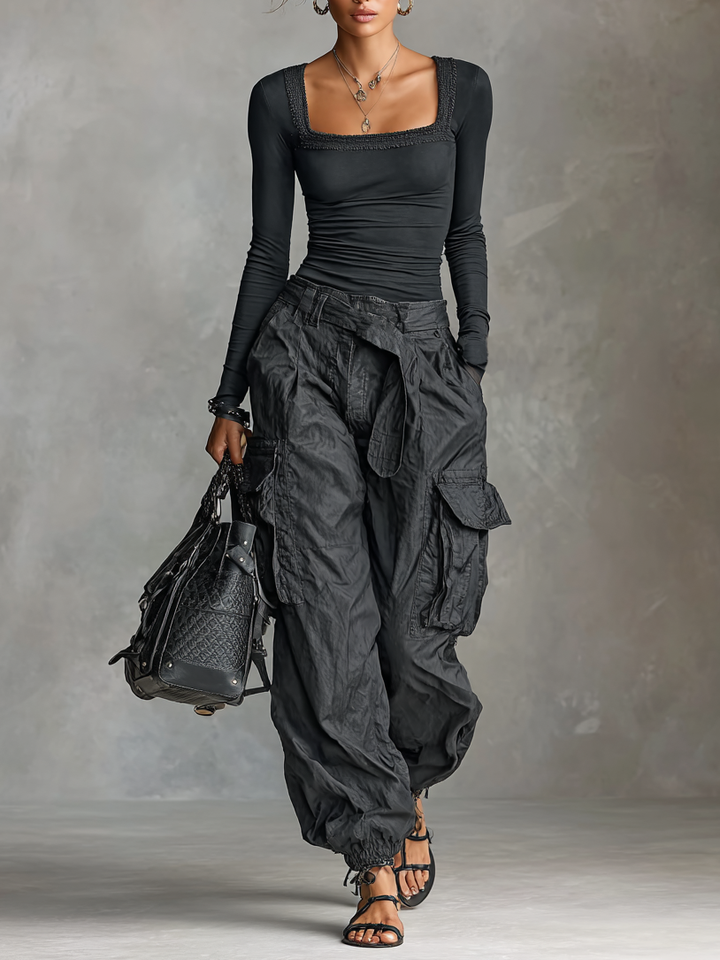 Two-Piece Set: Long Sleeve Square Neck T-Shirt and Cargo Trousers with Multiple Pockets