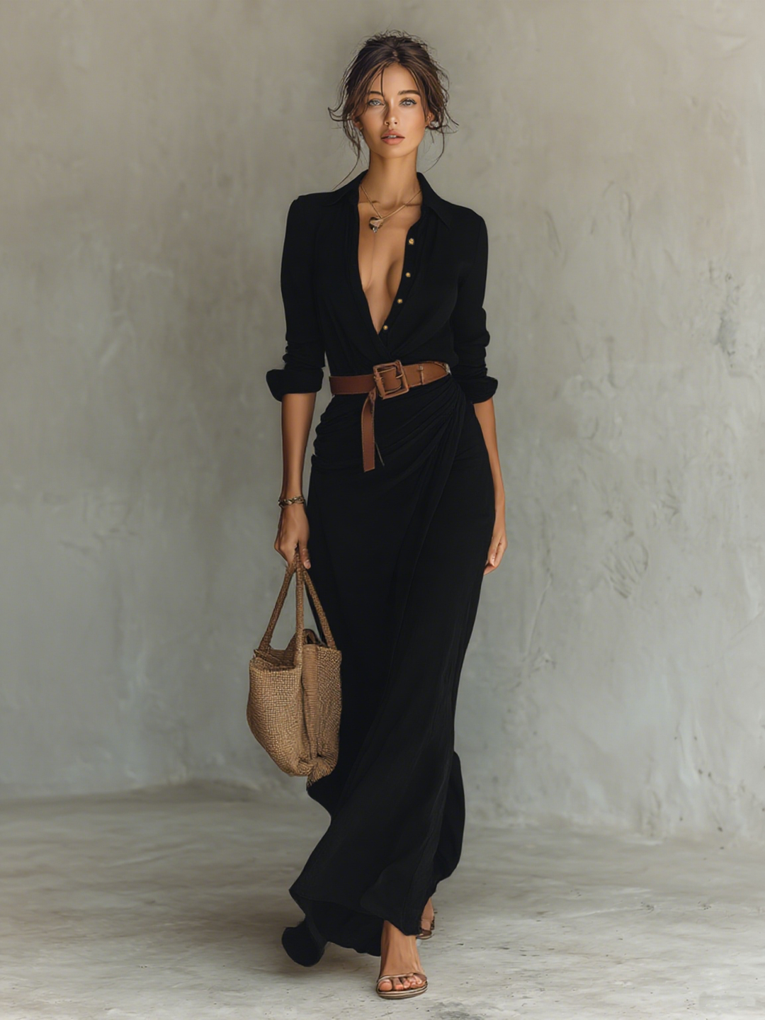 Maxi Long Dress with Notched Collar Including Belt