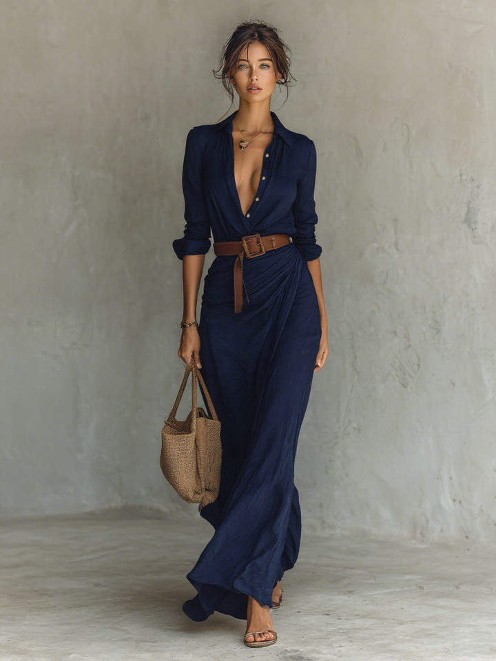 Maxi Long Dress with Notched Collar Including Belt