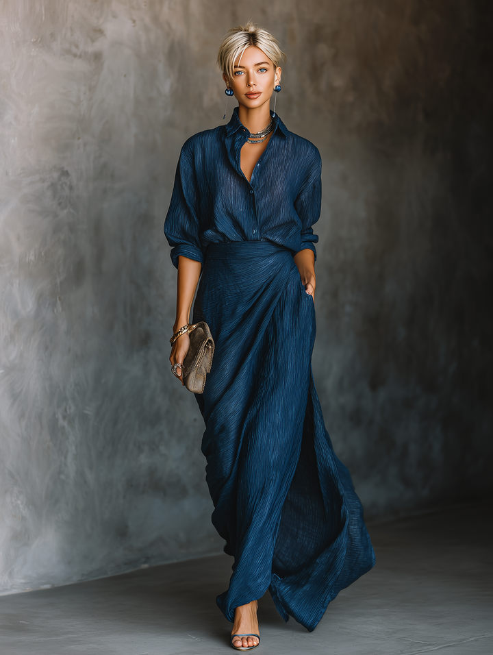 Set Long Skirt and Elegant Blouse in Cotton and Linen Dark Blue