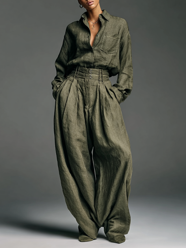 Two-Piece Ladies Cotton and Linen Set with Long Sleeve Blouse and Wide Trousers