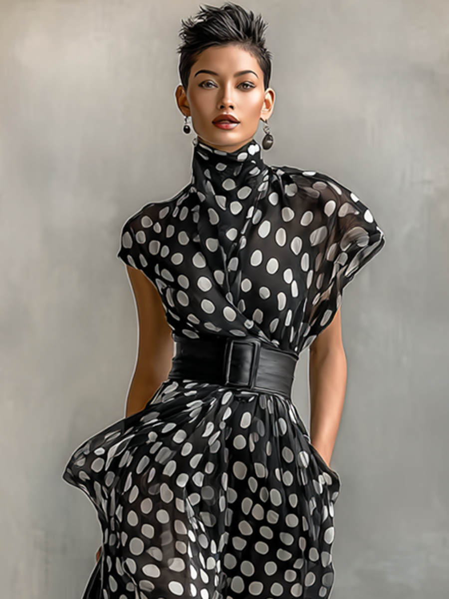 Maxi Dress in Chiffon with Polka Dot Print and High Neck