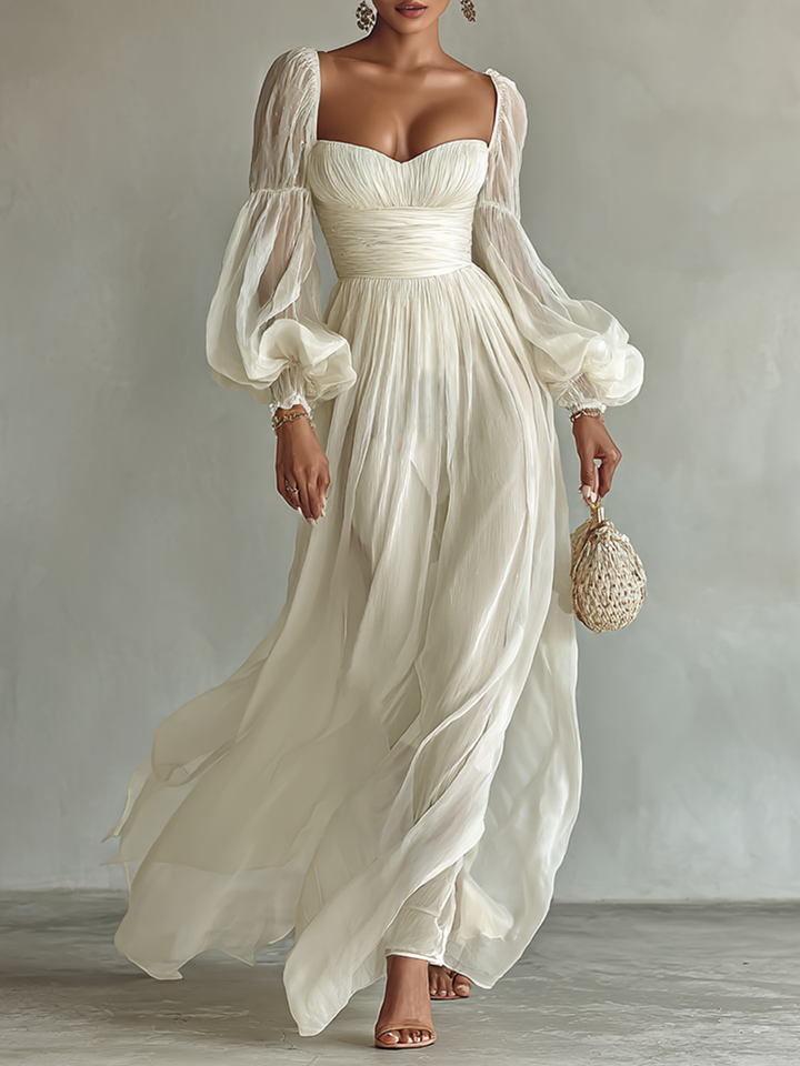 Chiffon Maxi Dress for Women with Square Neckline and Long Sleeves
