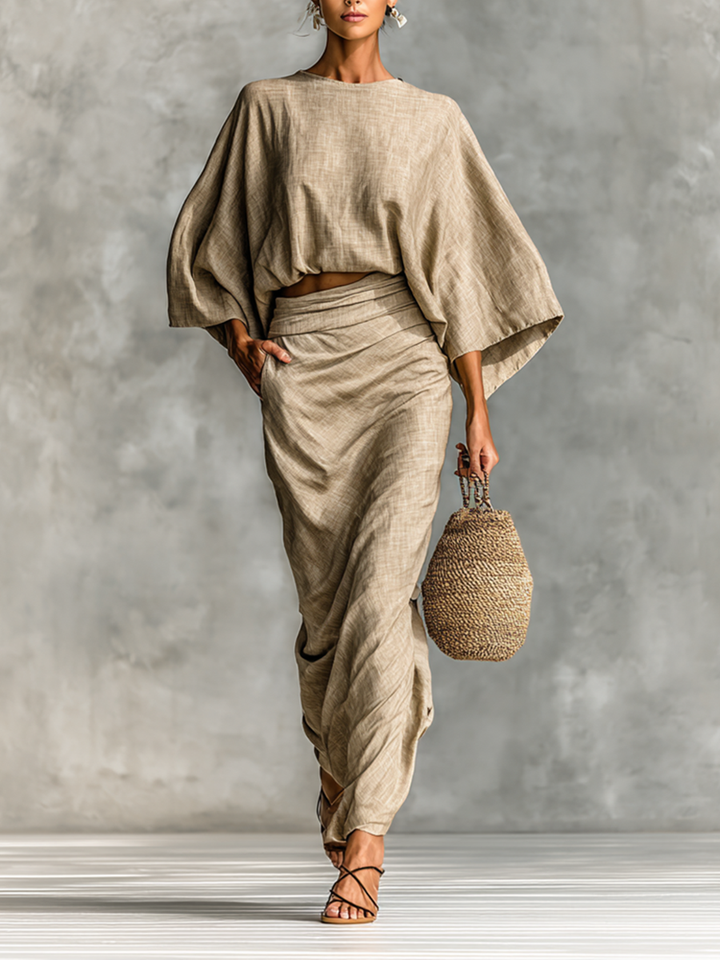 Two-Piece Set Long Skirt with Batwing Sleeves Made of Cotton and Linen