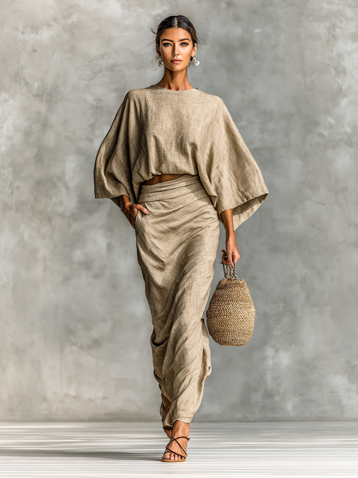 Two-Piece Set Long Skirt with Batwing Sleeves Made of Cotton and Linen