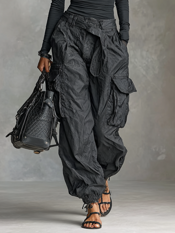 Two-Piece Set: Long Sleeve Square Neck T-Shirt and Cargo Trousers with Multiple Pockets