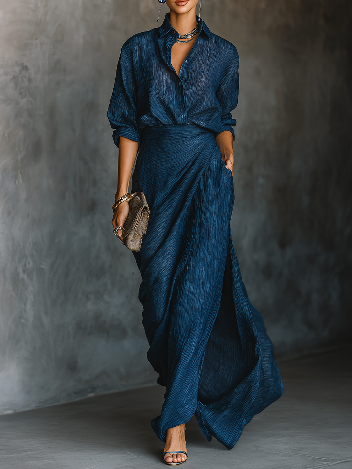 Set Long Skirt and Elegant Blouse in Cotton and Linen Dark Blue