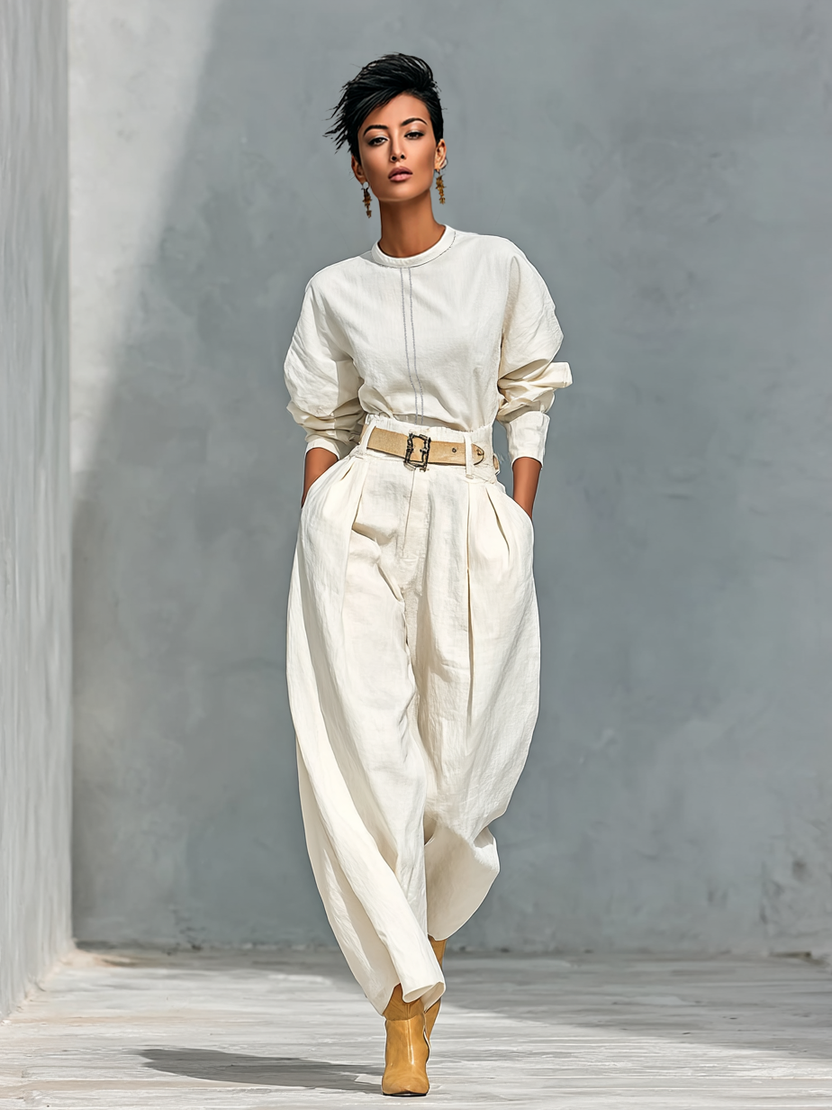 Long Sleeve Shirt and Wide Trousers Set in Cotton and Linen