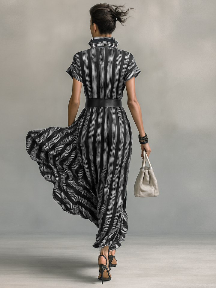 Maxi Chiffon Striped Dress with Collar and Short Sleeves for Women with Belt