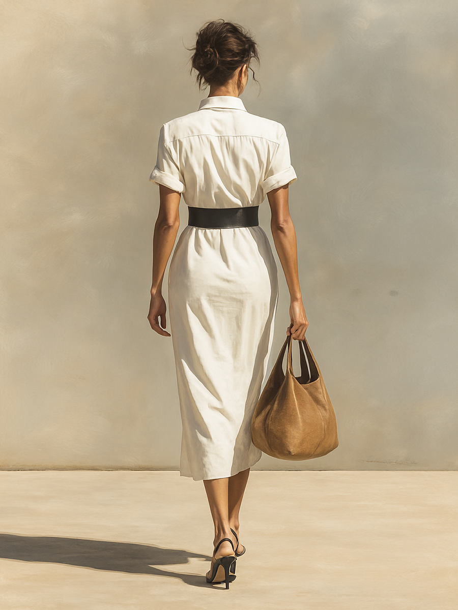 Ladies' Dress with Short Sleeves, Collar and Waistband