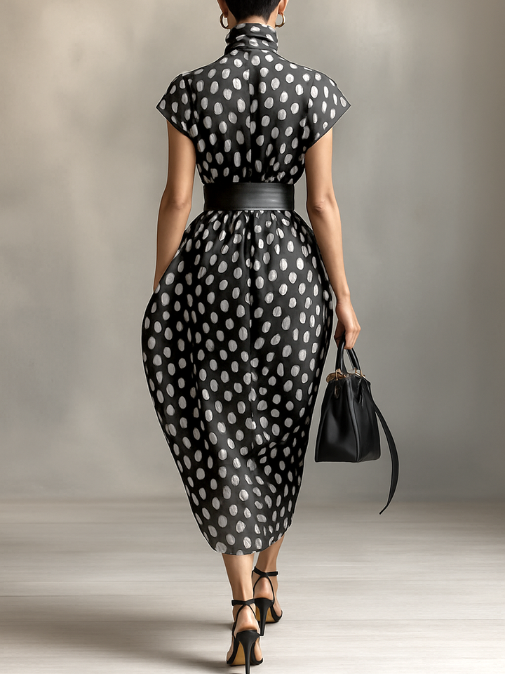 Maxi Dress in Chiffon with Polka Dot Print and High Neck