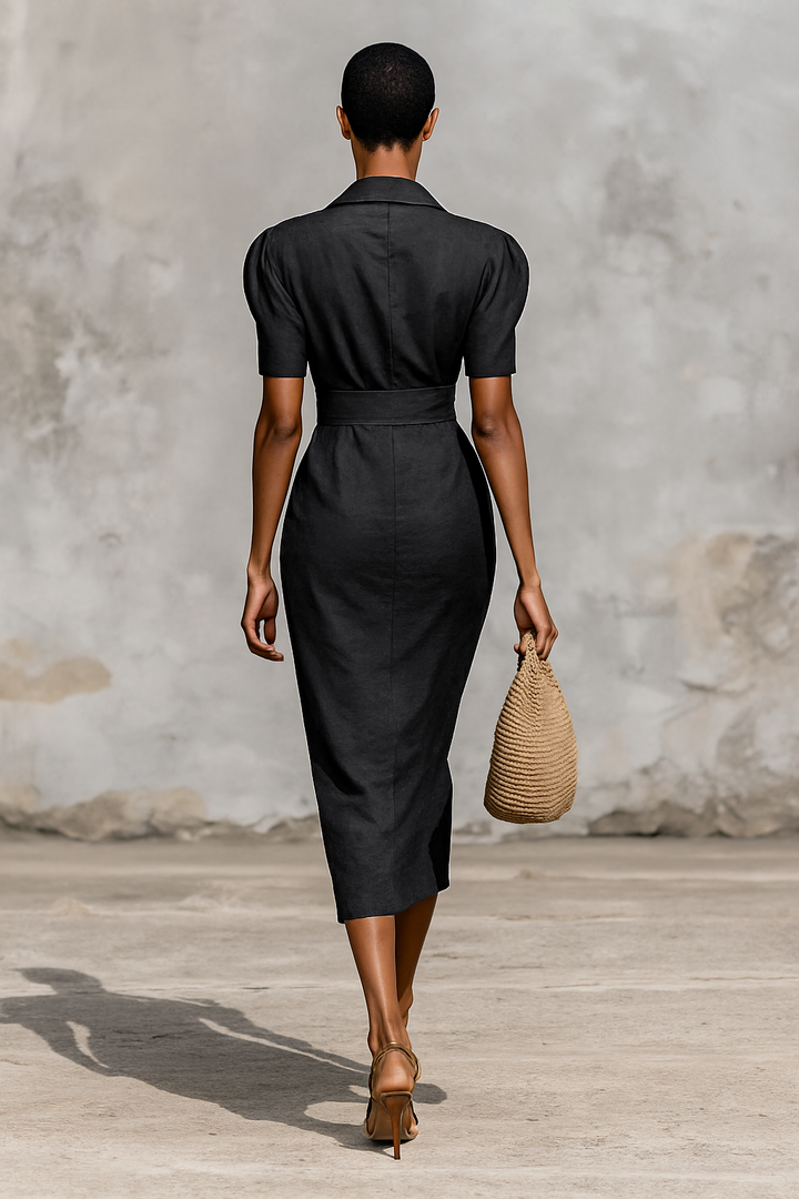 Plain Midi Dress for Women with V-Neck and Short Sleeves