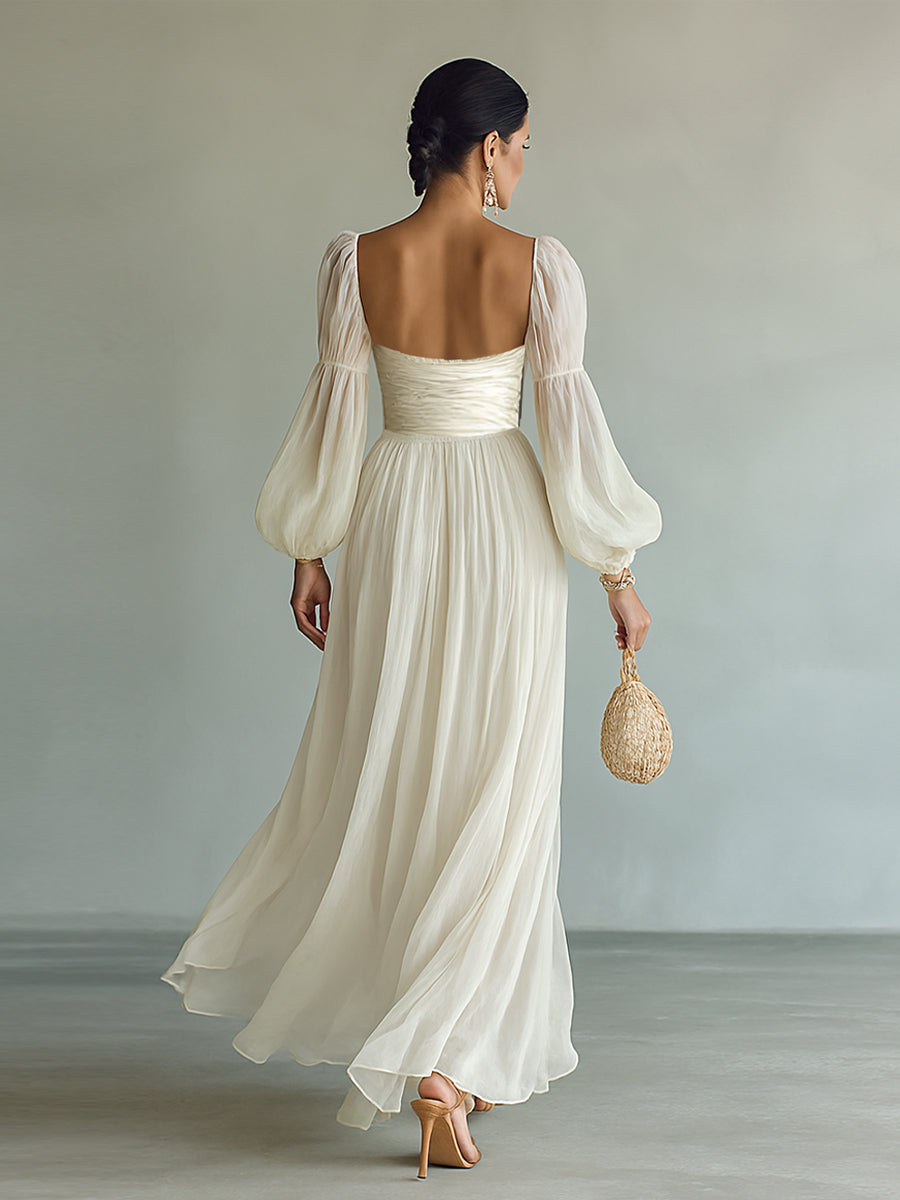 Chiffon Maxi Dress for Women with Square Neckline and Long Sleeves
