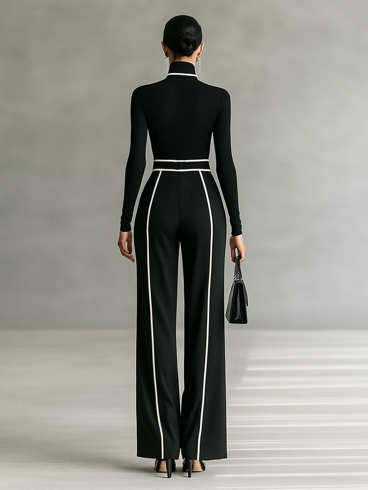 Two-piece ladies set with high neck top with long sleeves, wide trousers and belt