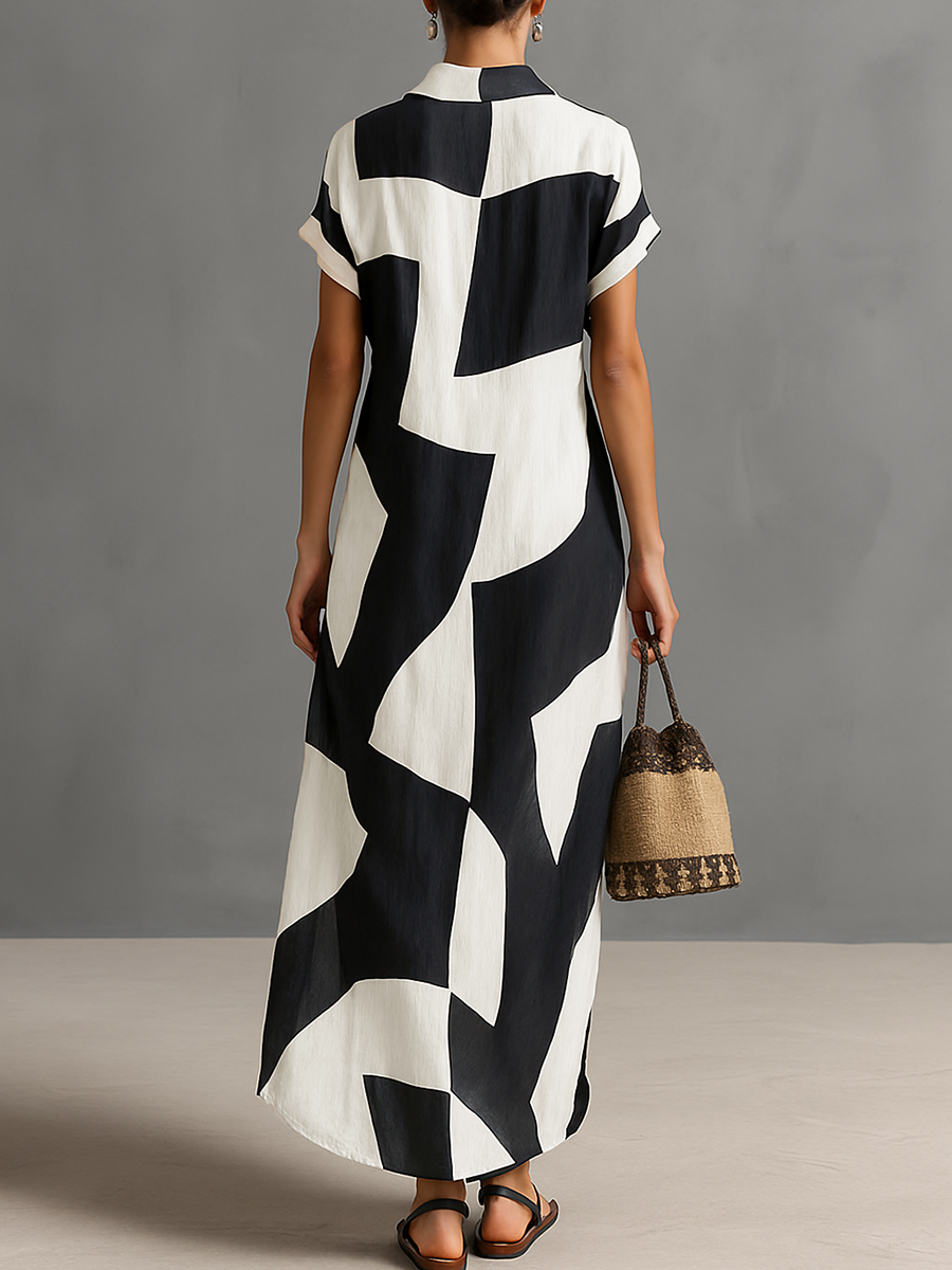 Maxi Blouse Dress in Chiffon for Women with Irregular Geometric Print and Lapel Collar, Short Sleeves, Single Button