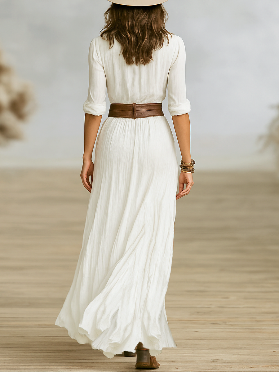 Maxi Long Dress for Women in Cotton and Imitation Linen with Notched Collar