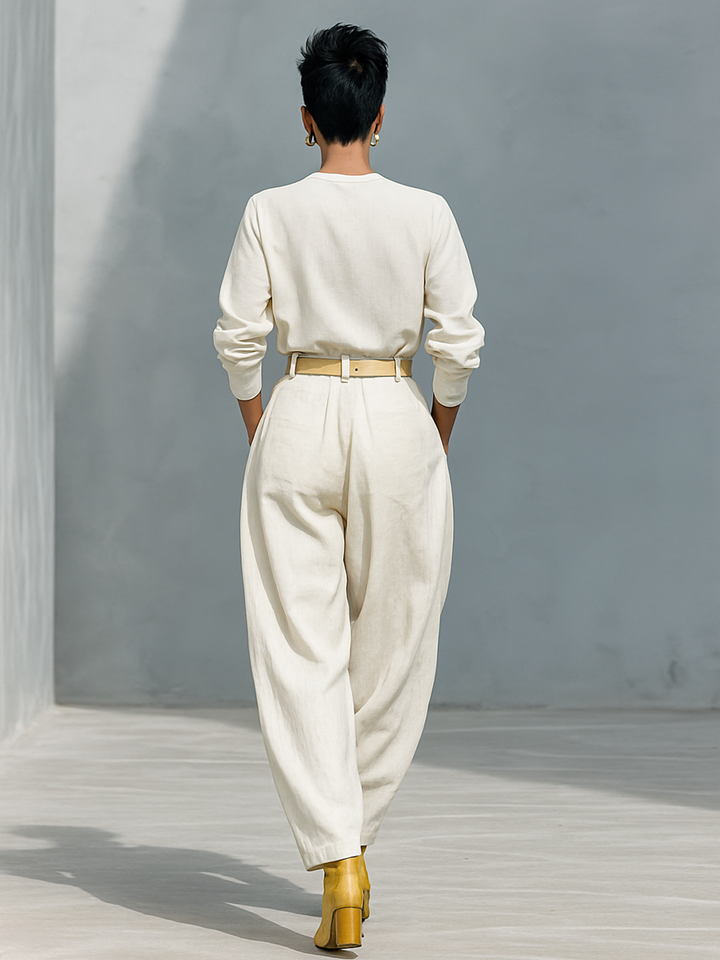 Long Sleeve Shirt and Wide Trousers Set in Cotton and Linen