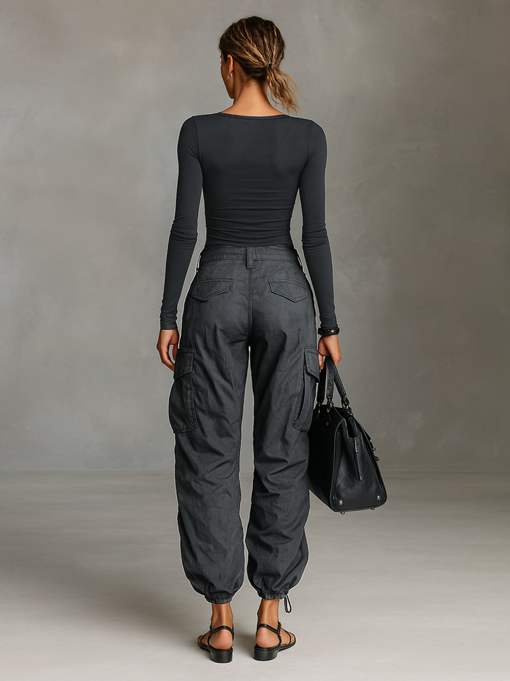 Two-Piece Set: Long Sleeve Square Neck T-Shirt and Cargo Trousers with Multiple Pockets