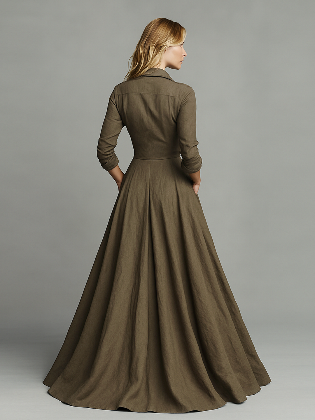 Maxi Vintage Dress in Cotton and Linen for Women with Shirt Design